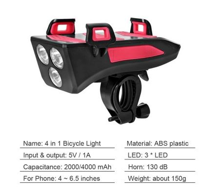 USB Recargable LED Luz delantera de la bicicleta Cuerno de la bicicleta Portador de teléfono Banco de energía para la conducción nocturna
