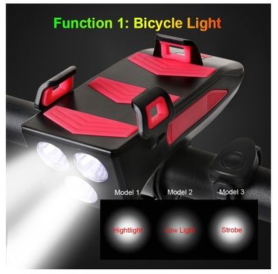 USB Recargable LED Luz delantera de la bicicleta Cuerno de la bicicleta Portador de teléfono Banco de energía para la conducción nocturna
