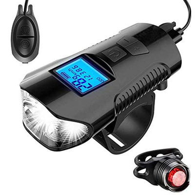 Cargador de bicicleta USB negro Luz delantera linterna manillar cabeza de bicicleta luz medidor de velocidad pantalla LCD